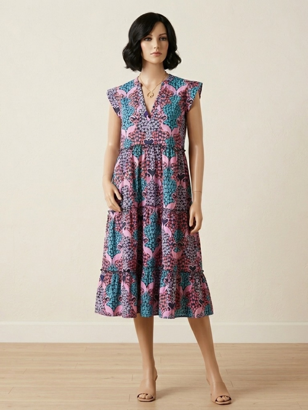 Simply Southern Pink and Teal Floral V-Neck Tiered Midi Dress